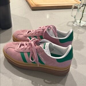 Platform Adidas Gazelle Pink Suede Women's Sneakers with Green Stripes